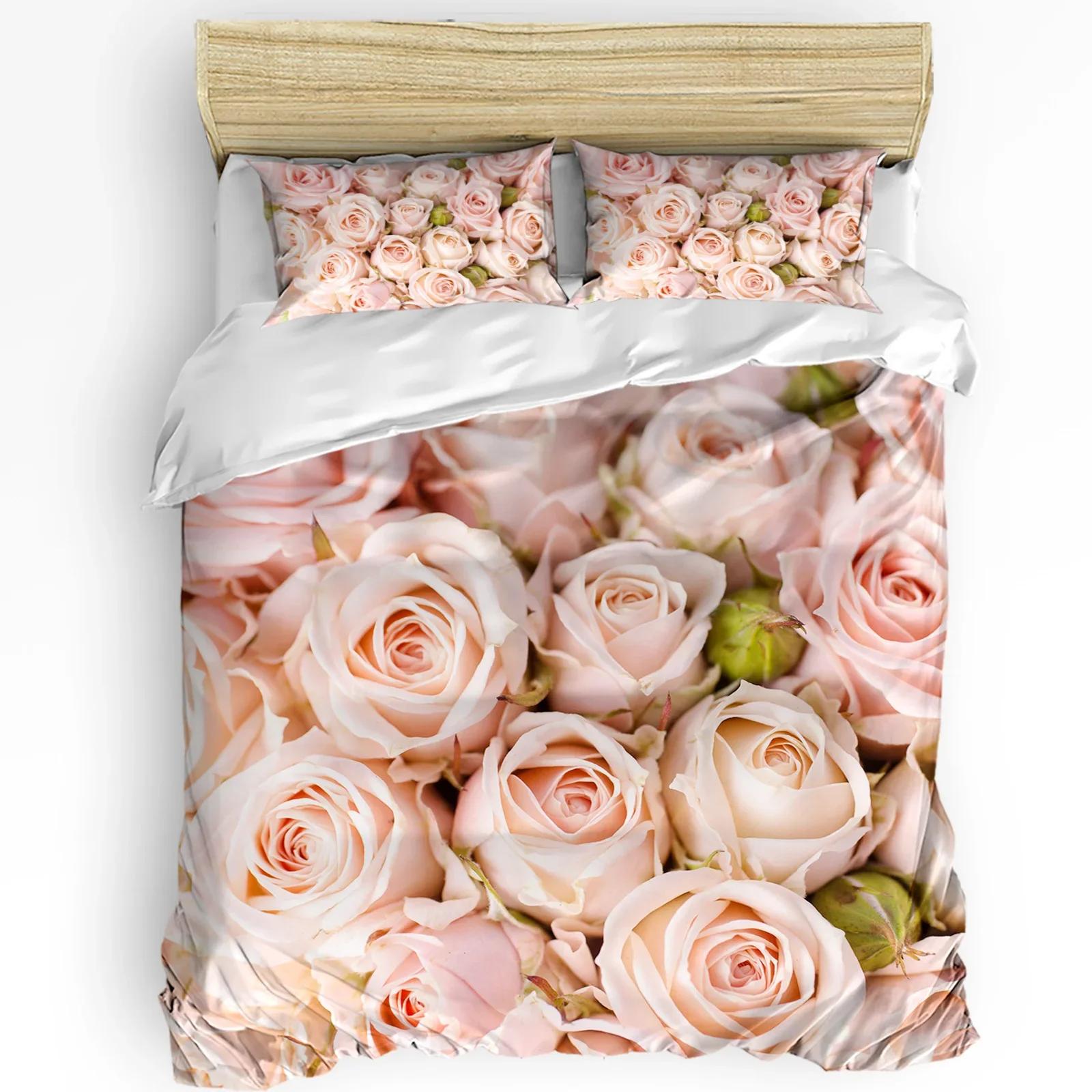 Roses Pink Flowers Duvet Cover Bed Bedding Set For Double Home Textile Quilt Cover Pillowcases Bedroom Bedding Set (